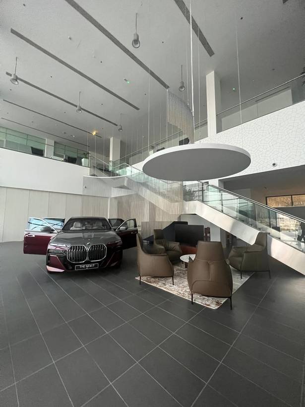 BMW showroom chain chandelier and lounge seating detail