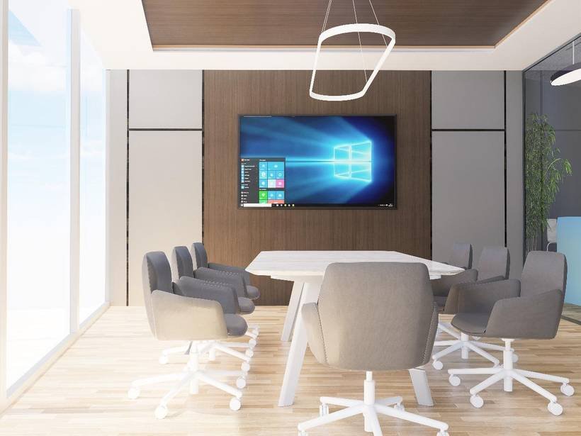3D concept render of a boardroom with wall-mounted display