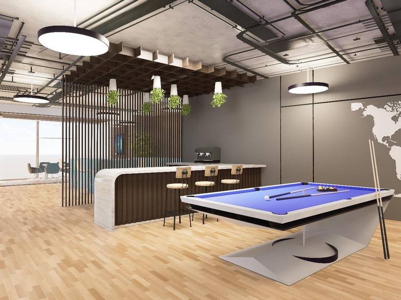 3D concept render of a breakout lounge with a pool table and bar