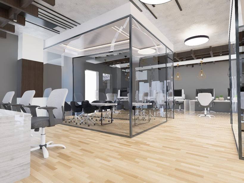 3D concept render of a glass-walled meeting room
