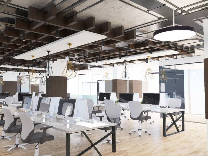 3D concept render of an open-plan workstation area