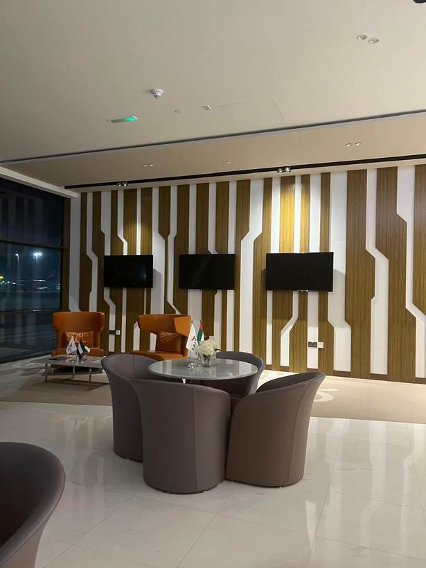 Falcon lounge seating area with feature wall and screens